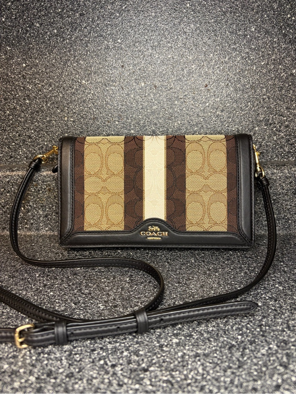 Coach Brown/Tan/Cream Signature Stripe Crossbody Wallet